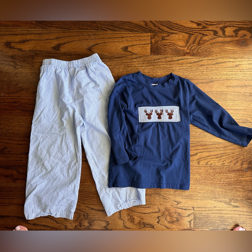 Smocked polka dot deer boy matching set